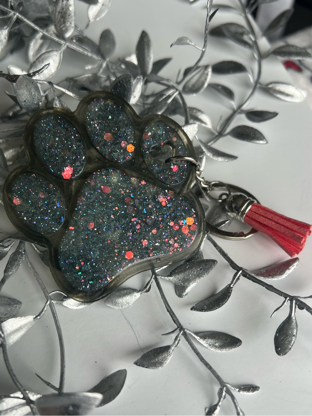 Large Coral and Grey Glitter Paw Keychain Resin - Pink Tassel